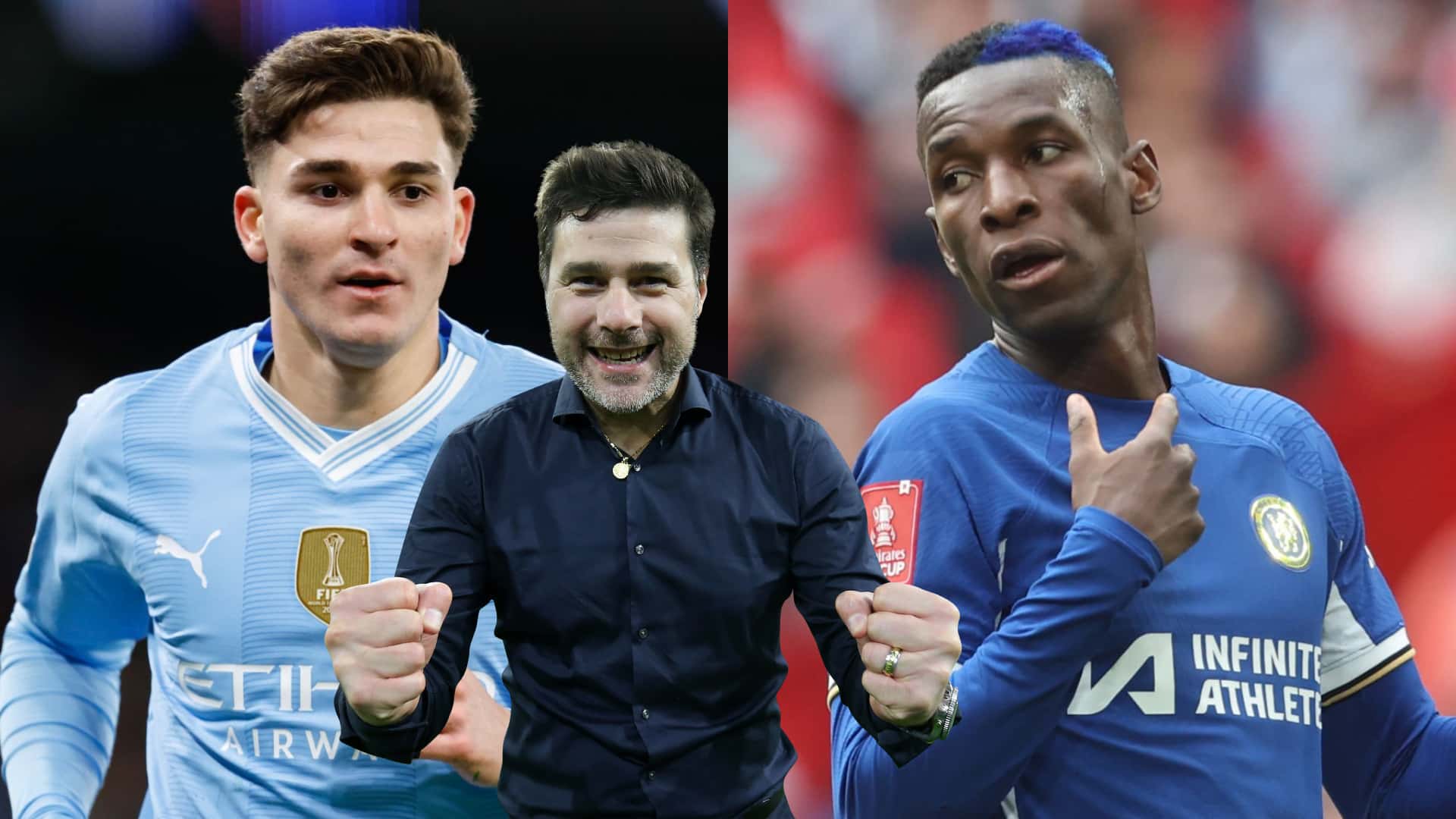 Julián Álvarez con la camiseta de Manchester City y Mauricio Pochettino feliz