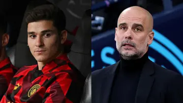 Julián Álvarez en el banco de suplentes de Manchester City
