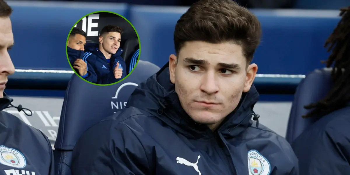Julián Álvarez en el banco de suplentes del Manchester City