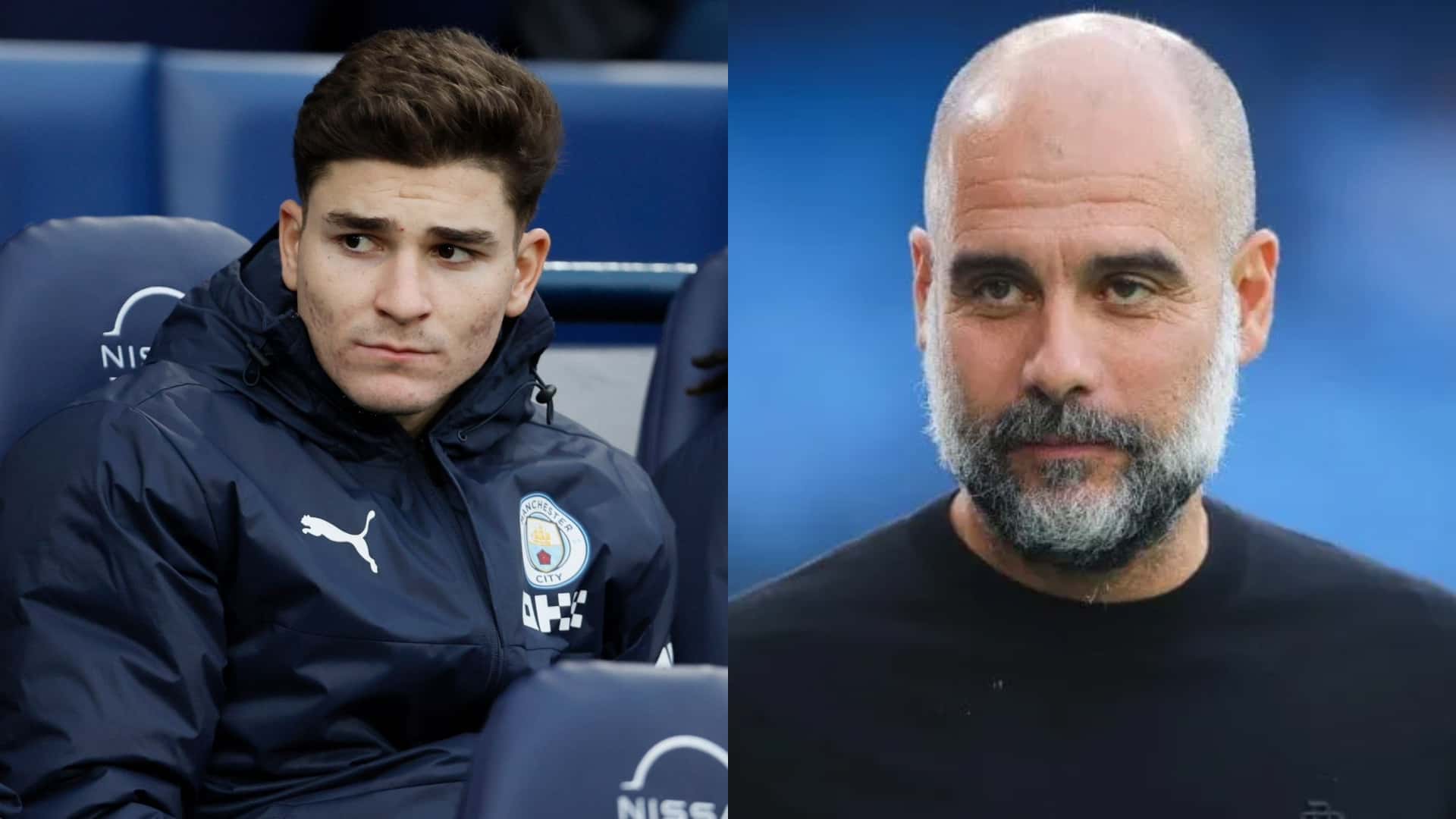 Julián Álvarez en el banco del Manchester City, y del otro lado Pep Guardiola.