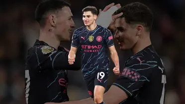 Julián Álvarez festejando un gol con la camiseta alternativa de Manchester City