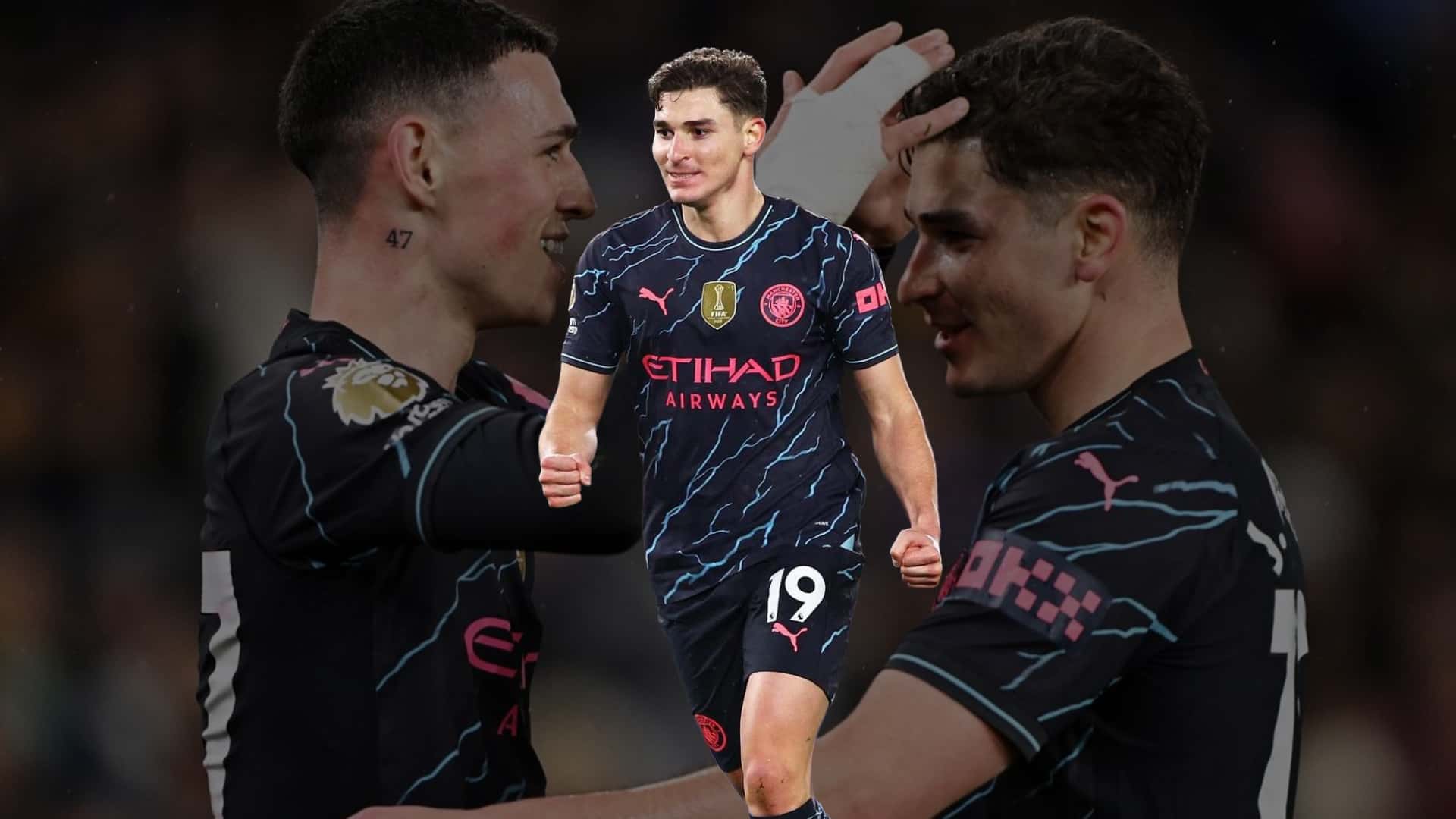 Julián Álvarez festejando un gol con la camiseta alternativa de Manchester City