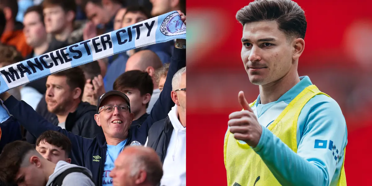 Julián Álvarez levantando el pulgar con Manchester City