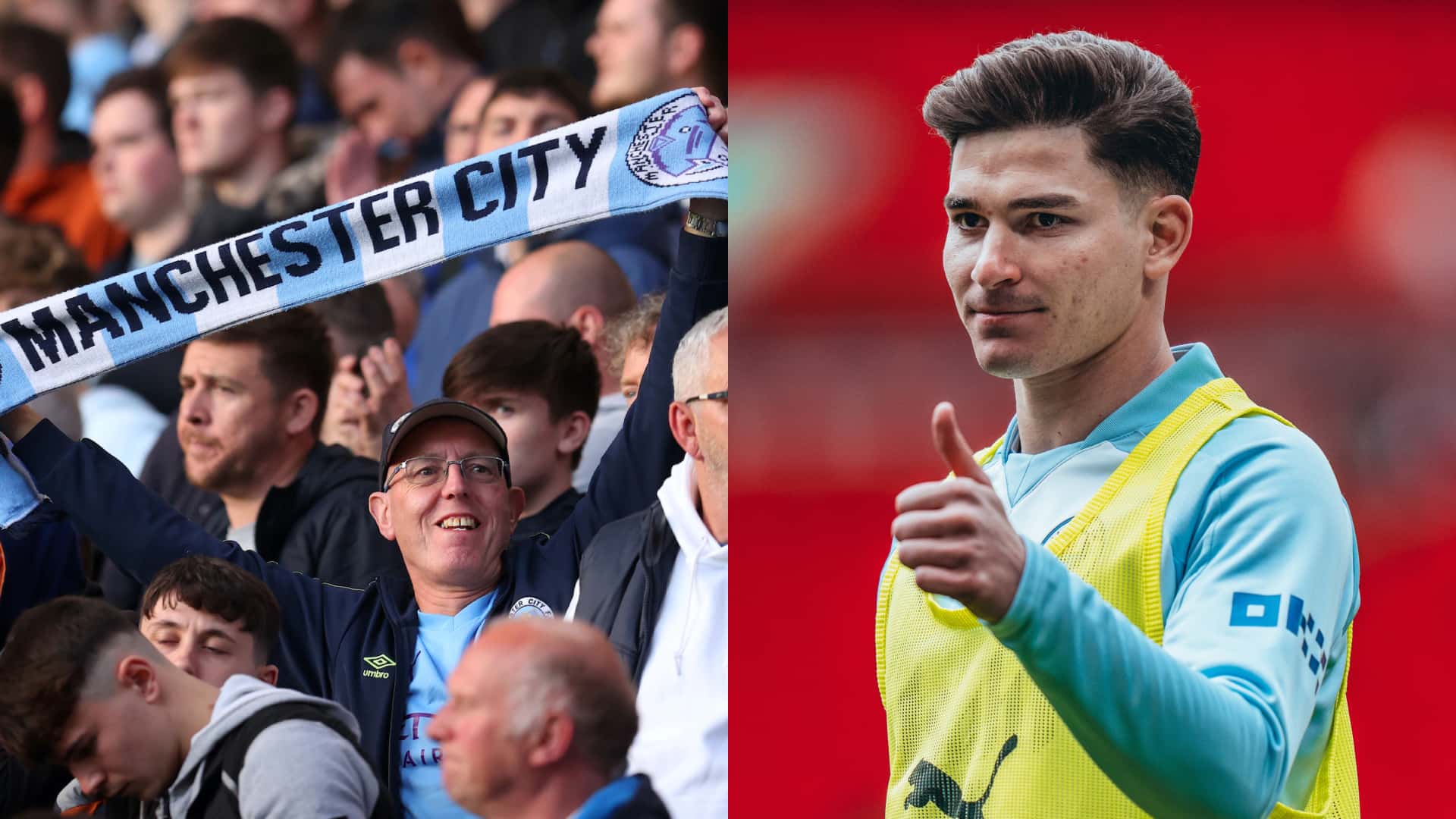 Julián Álvarez levantando el pulgar con Manchester City