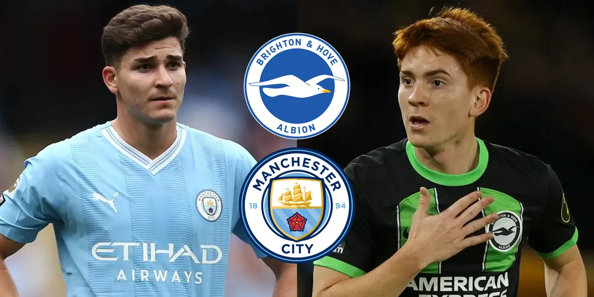 Julián Álvarez y Valentín Barco con las camisetas de Manchester City y Brighton, respectivamente
