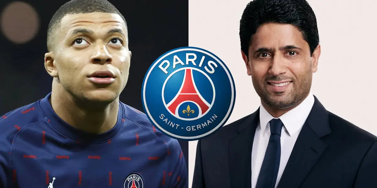 Kylian Mbappé con el buzo del PSG, y a su lado Al-Khelaïfi.