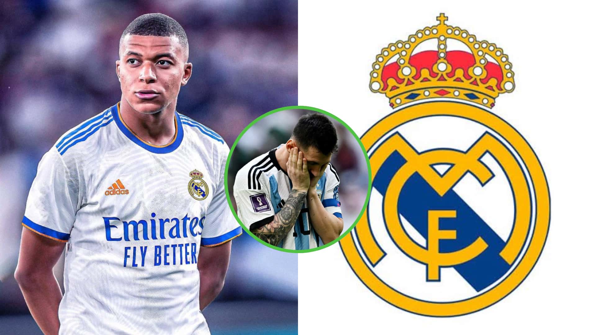 Kylian Mbappé con la camiseta del Real Madrid. A su lado, Messi en miniatura en Qatar 2022.