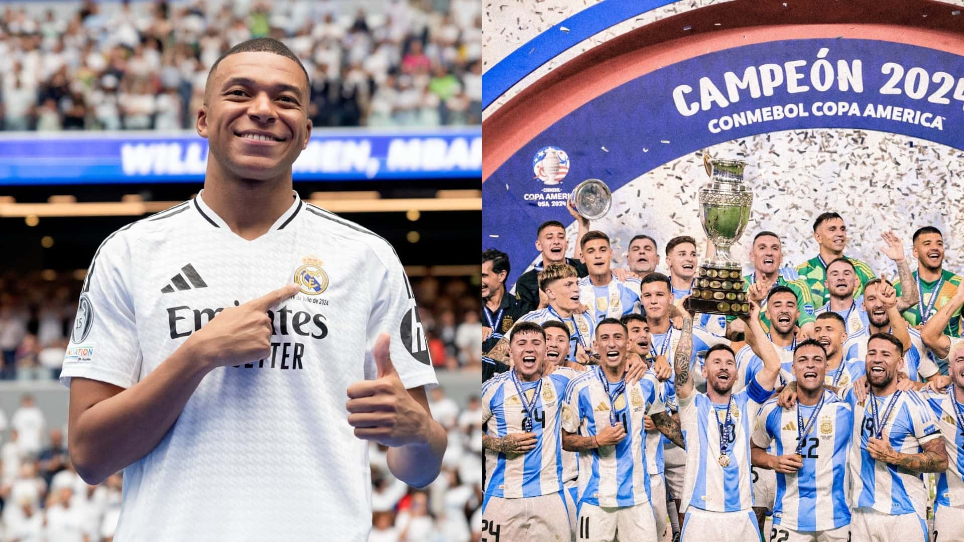 Kylian Mbappé en Real Madrid y Selección Argentina levantando la Copa América