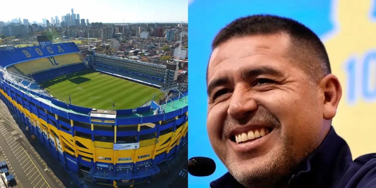 La Bombonera vacía durante el día, y a su lado Riquelme sonriendo.