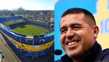 La Bombonera vacía durante el día, y a su lado Riquelme sonriendo.