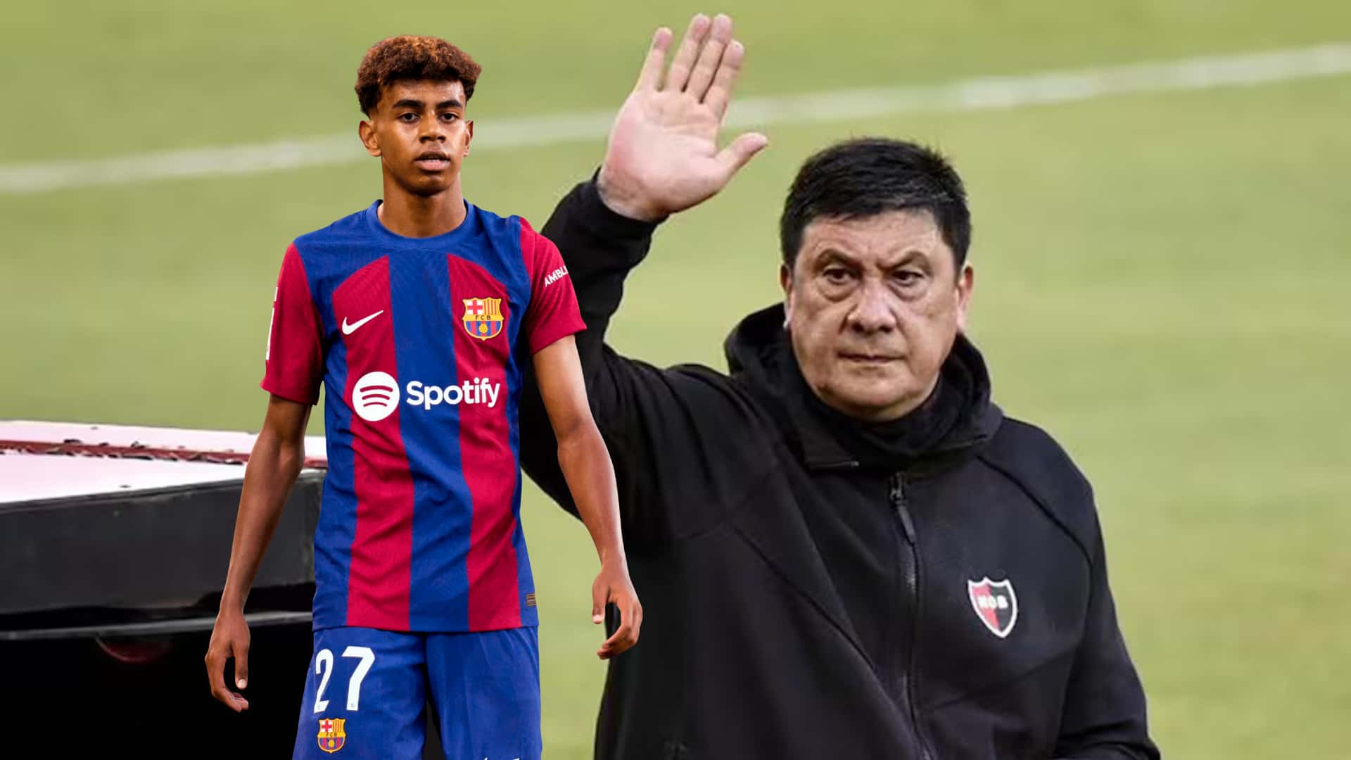 Lamine Yamal con la camiseta de Barcelona y Germán Burgos