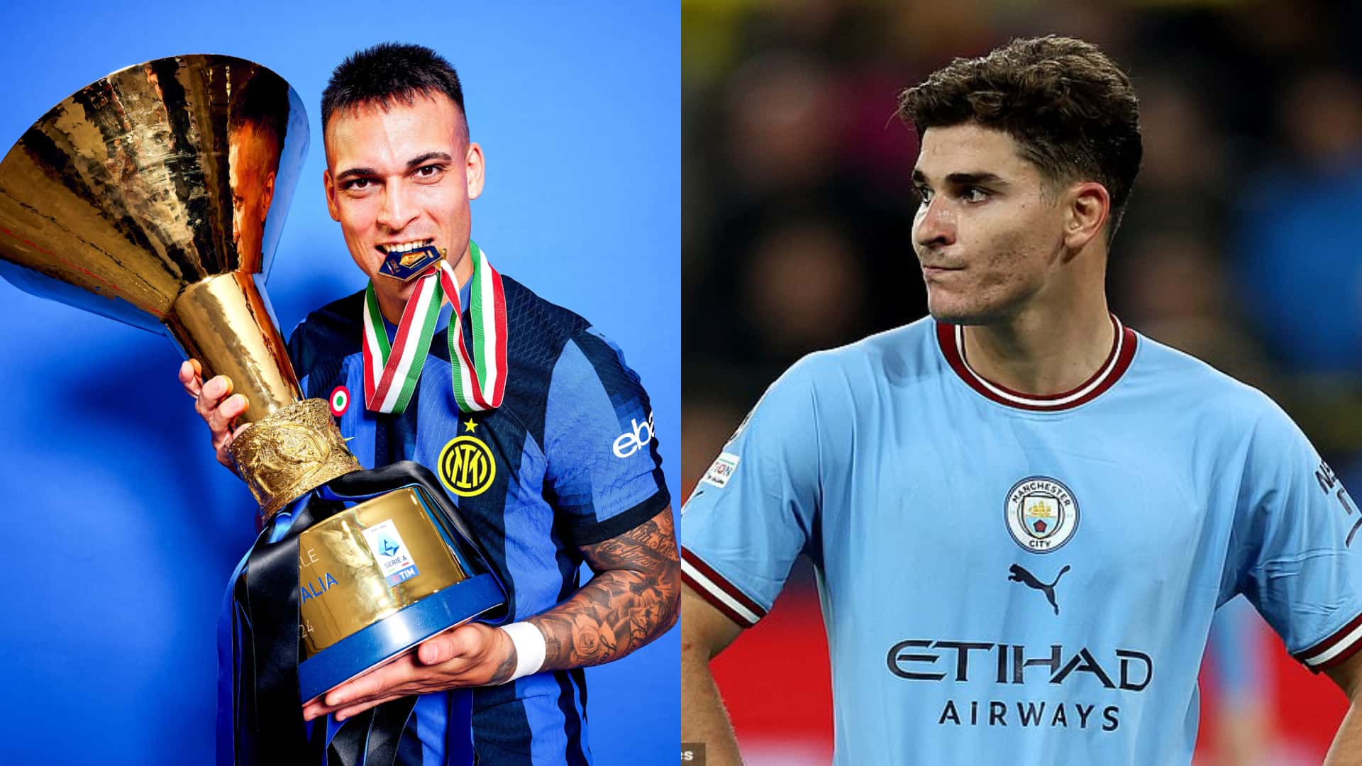 Lautaro Martínez besa el trofeo de la Serie A, y a su lado Julián Álvarez serio.