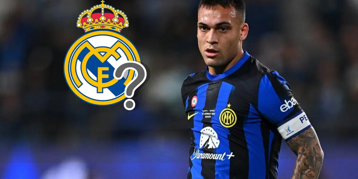 Lautaro Martínez con la camiseta del Inter y el escudo del Real Madrid.