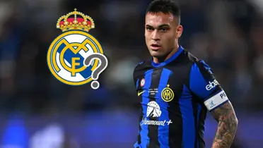 Lautaro Martínez con la camiseta del Inter y el escudo del Real Madrid.
