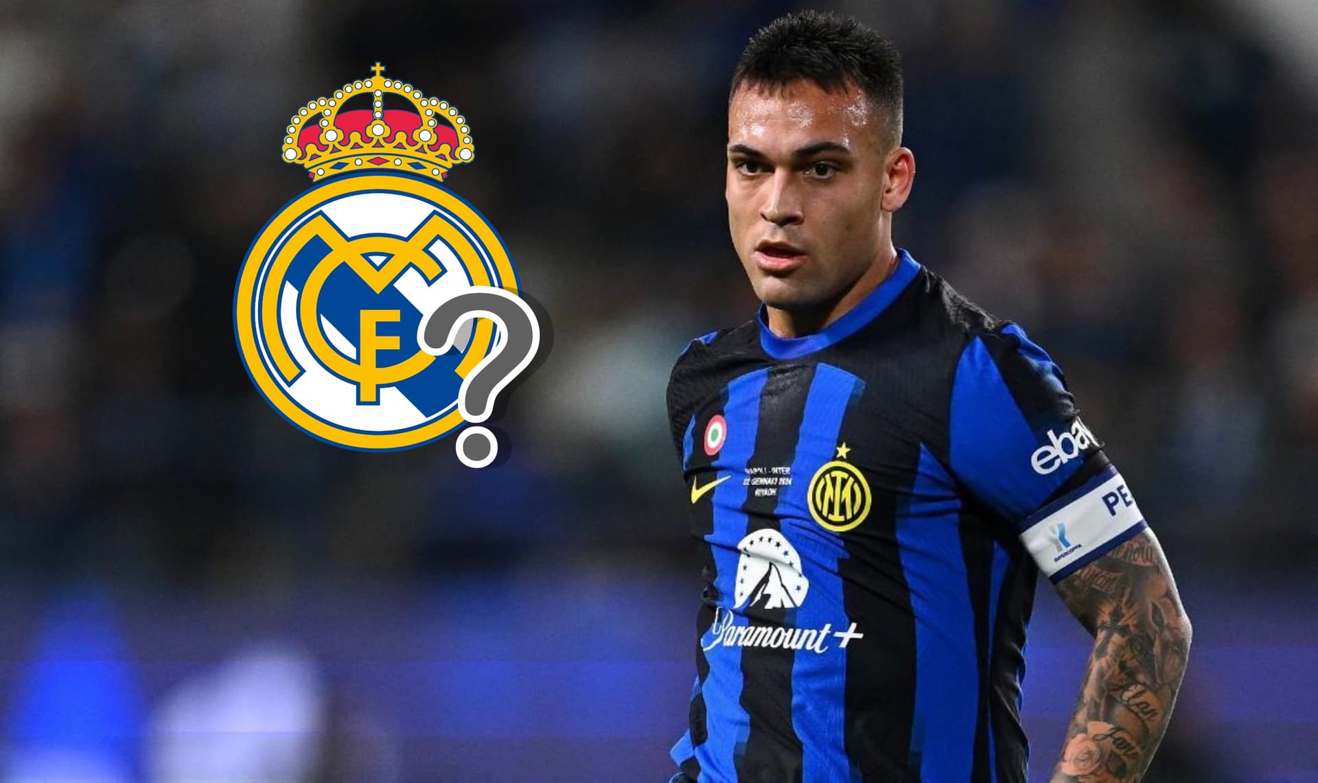 Lautaro Martínez con la camiseta del Inter y el escudo del Real Madrid.