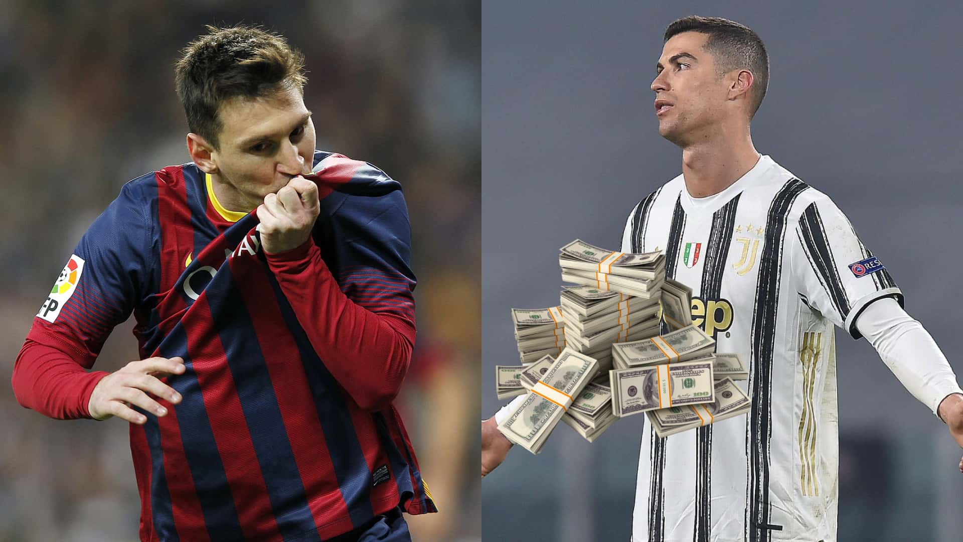 Lionel Messi besando el escudo del Barcelona y Cristiano Ronaldo quejándose con Juventus