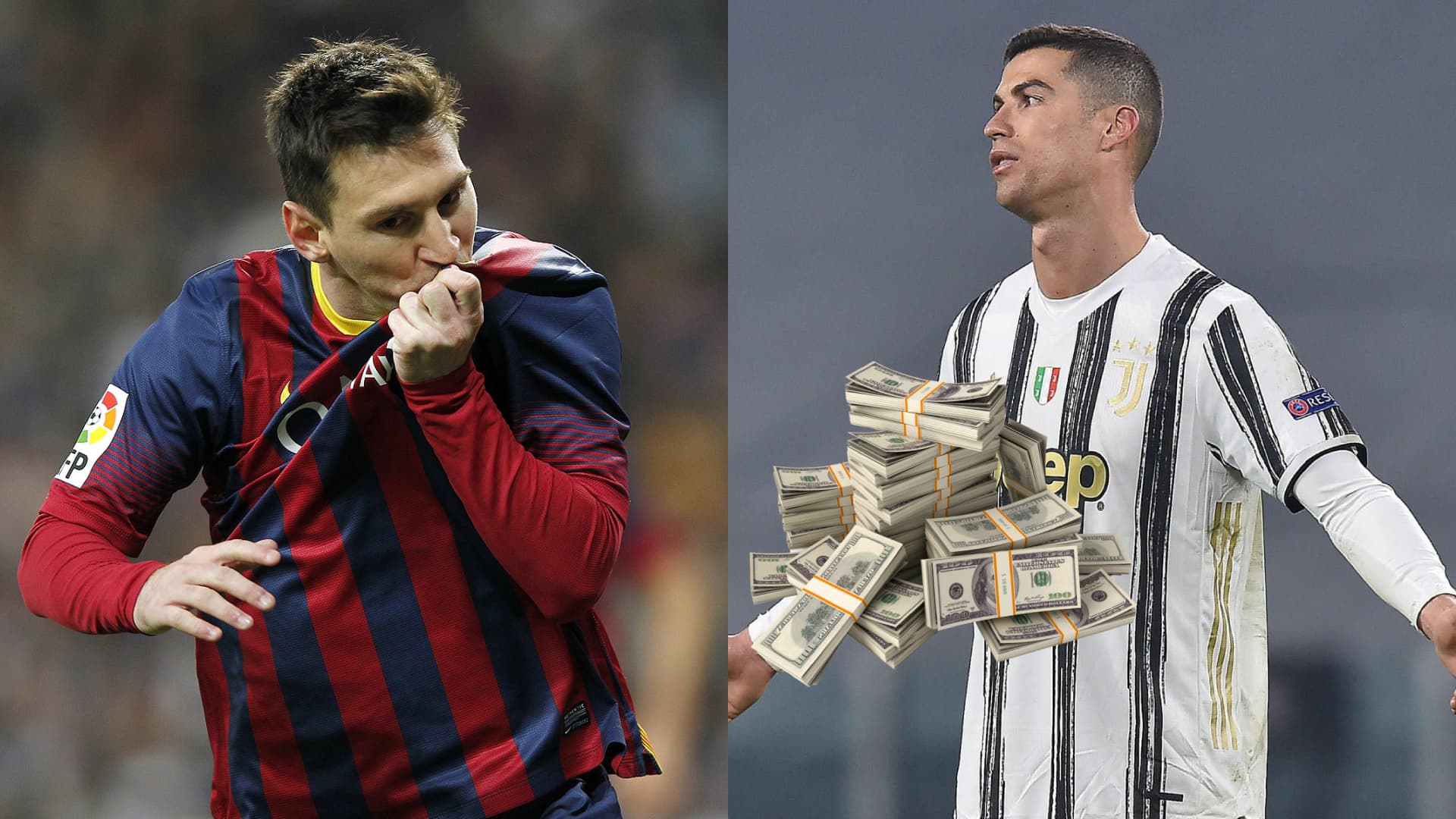 Lionel Messi besando el escudo del Barcelona y Cristiano Ronaldo quejándose con Juventus