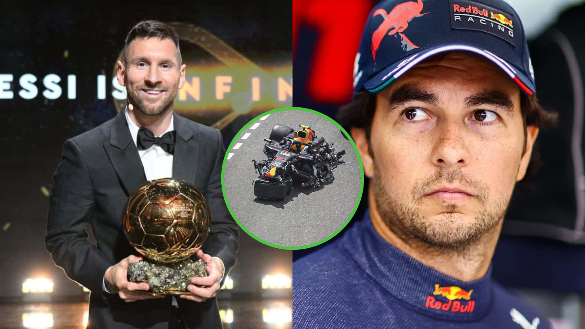 Lionel Messi con el Balón de Oro 2023. A su lado Checo Pérez con la ropa de Red Bull.