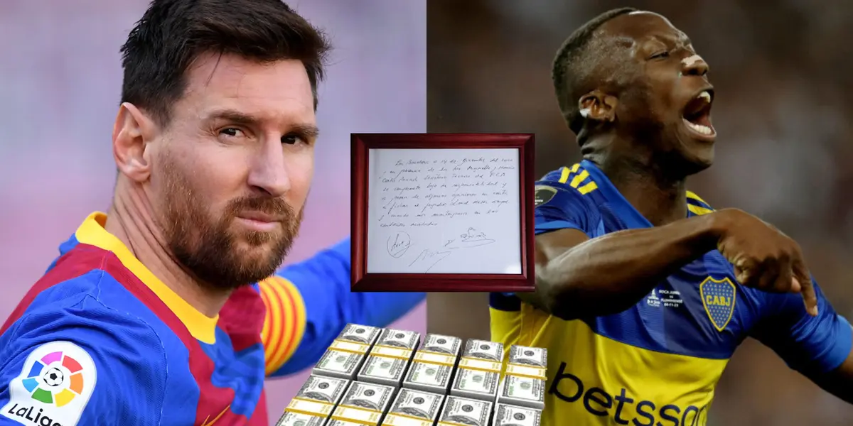 Lionel Messi con la camiseta del Barcelona, y a su lado Luis Advíncula grita un gol en Boca.