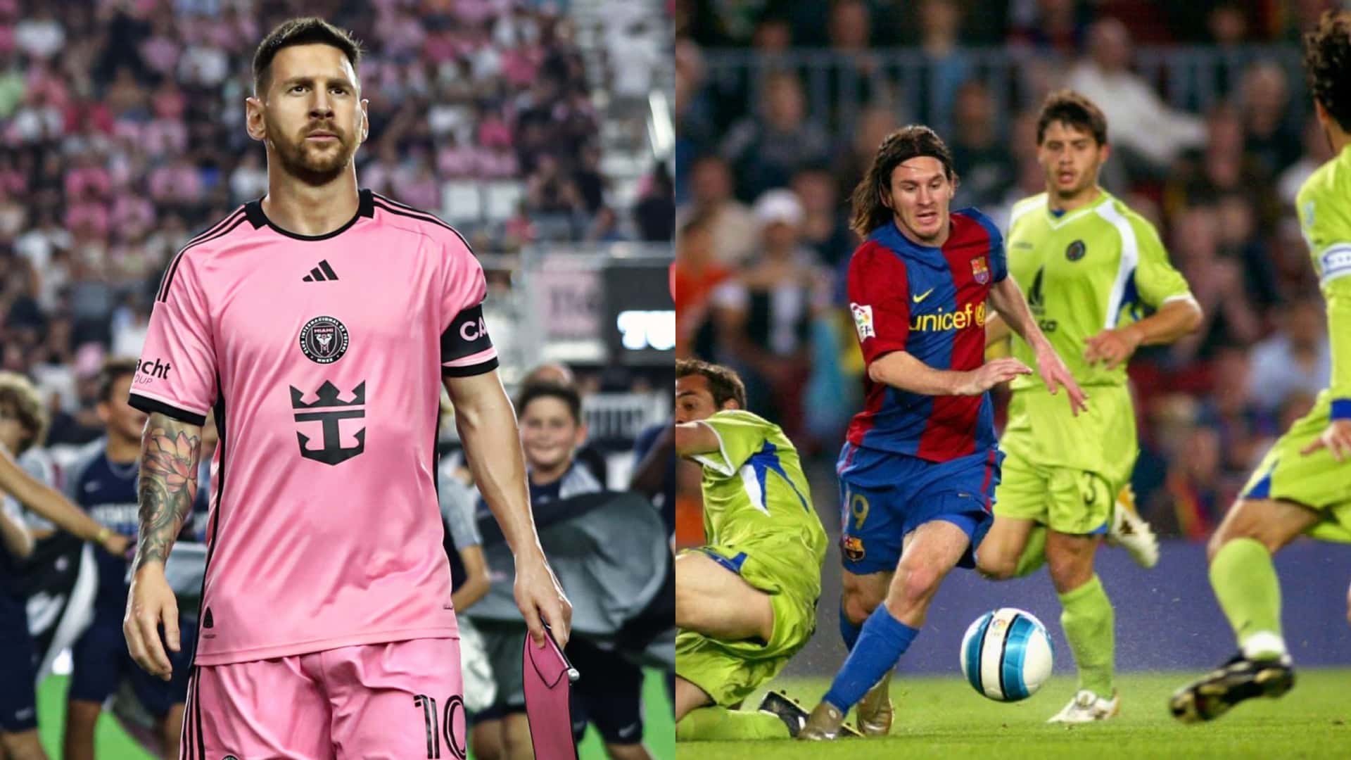 Lionel Messi con las camisetas de Inter y Barcelona.