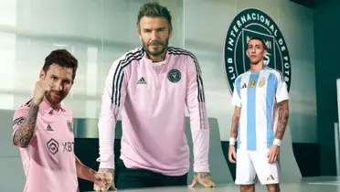 Lionel Messi, David Beckham y Ángel Di María rodeado por insignias del Inter Miami.
