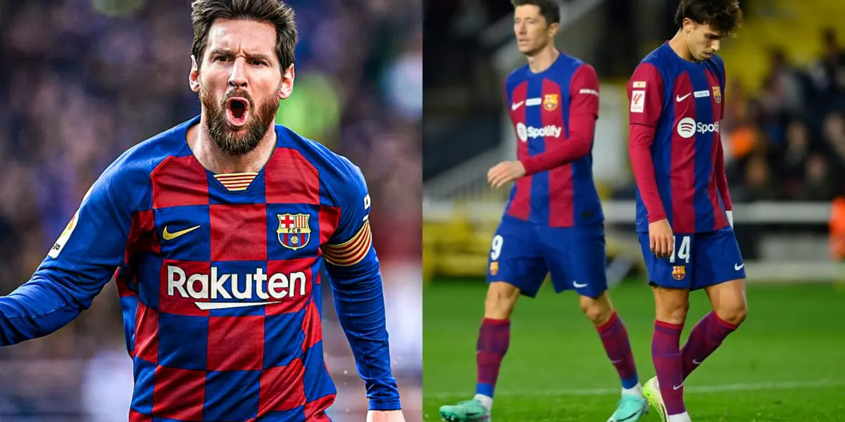 Lionel Messi grita un gol con la camiseta del Barcelona en 2019. Félix y Lewandowski en 2024 tristes