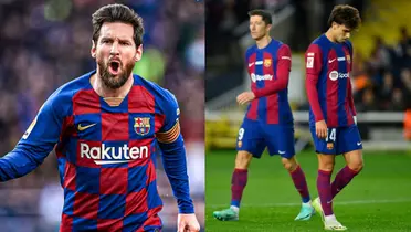 Lionel Messi grita un gol con la camiseta del Barcelona en 2019. Félix y Lewandowski en 2024 tristes
