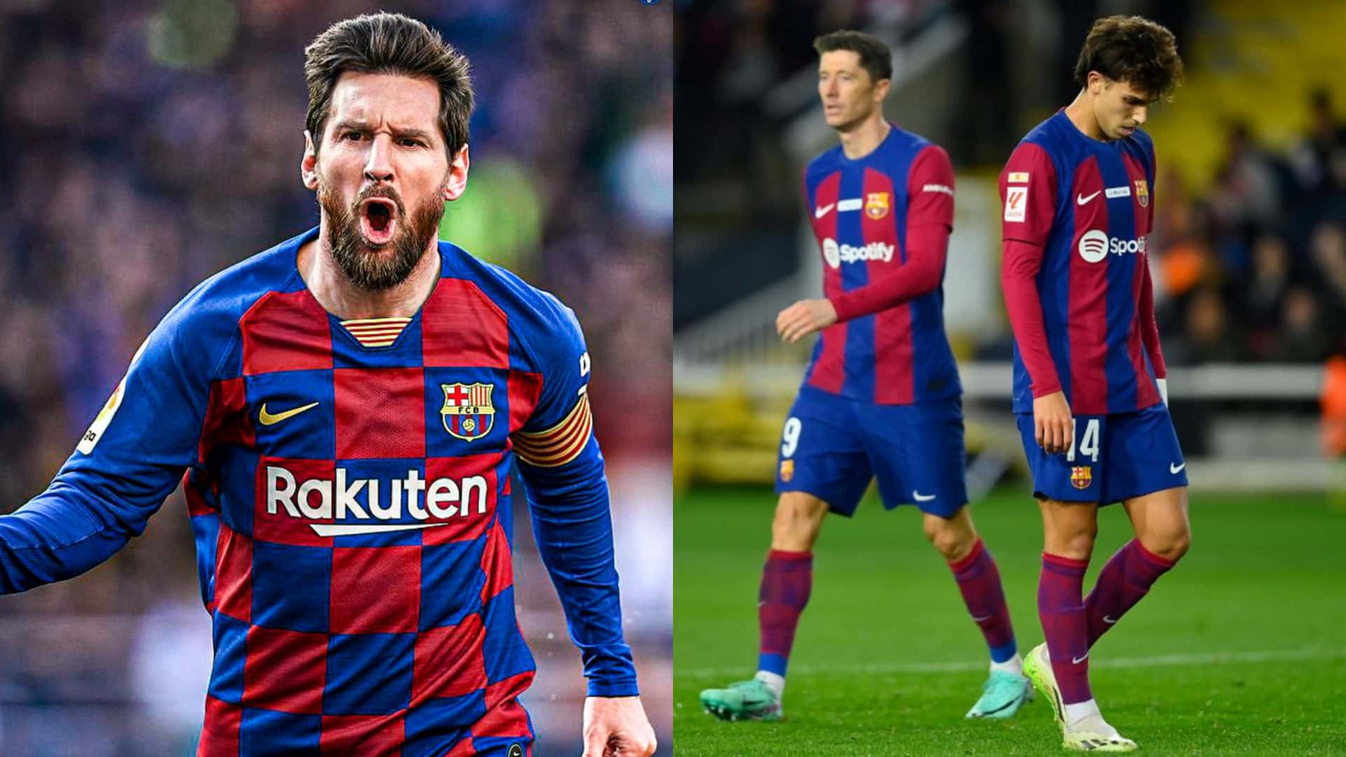 Lionel Messi grita un gol con la camiseta del Barcelona en 2019. Félix y Lewandowski en 2024 tristes