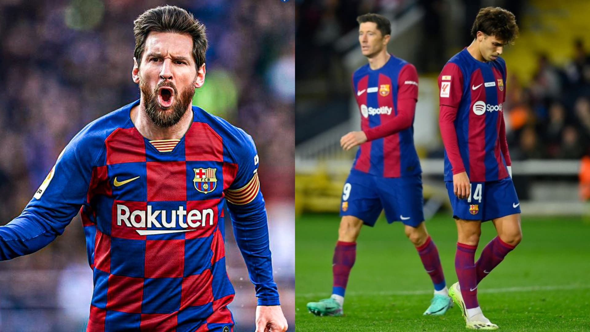Lionel Messi grita un gol con la camiseta del Barcelona en 2019. Félix y Lewandowski en 2024 tristes