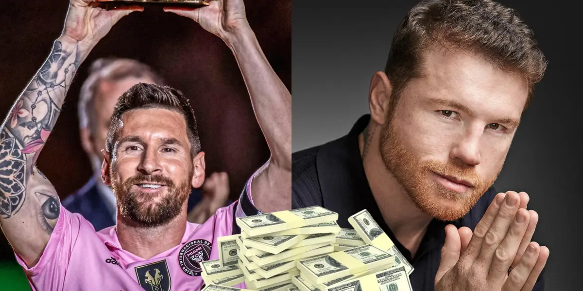Lionel Messi levantando su octavo Balón de Oro con Inter Miami, y a su derecha Canelo Álvarez.