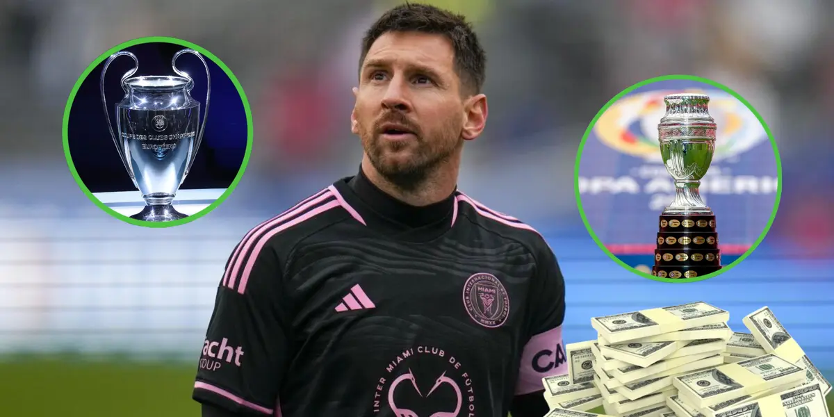 Lionel Messi mirando hacia arriba, con la camiseta del Inter Miami.