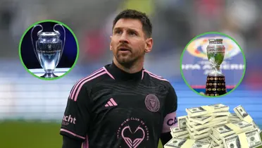 Lionel Messi mirando hacia arriba, con la camiseta del Inter Miami.