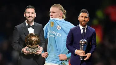 Lionel Messi sonríe sosteniendo el Balón de Oro y el FIFA The Best