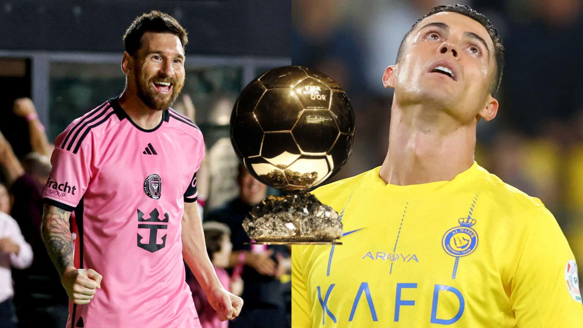 Lionel Messi sonriendo con la camiseta del Inter Miami y Cristiano Ronaldo con cara de frustración