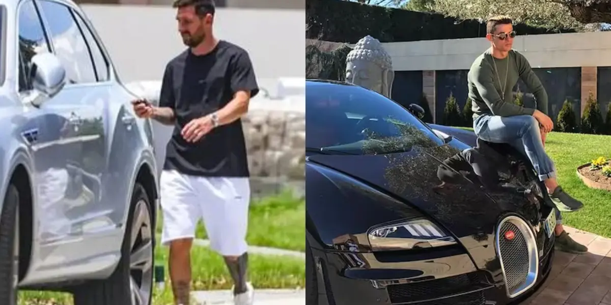 Lionel Messi y Cristiano Ronaldo con sus respectivos vehículos de lujo.