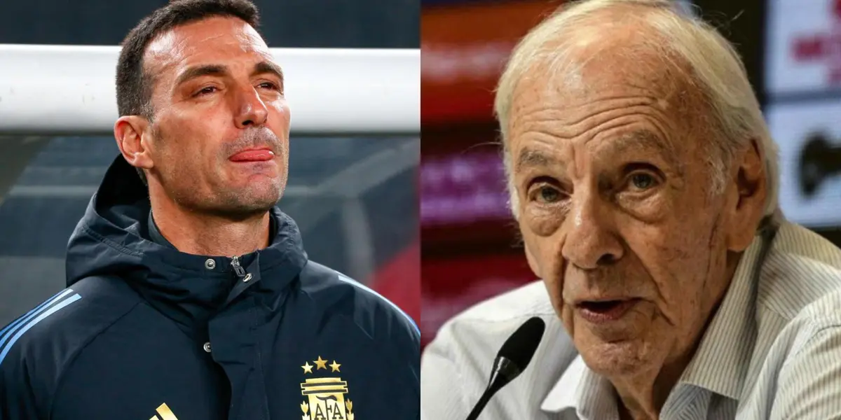 Lionel Scaloni con el camperón de Argentina, y a su derecha Menotti en conferencia de prensa.