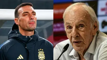Lionel Scaloni con el camperón de Argentina, y a su derecha Menotti en conferencia de prensa.
