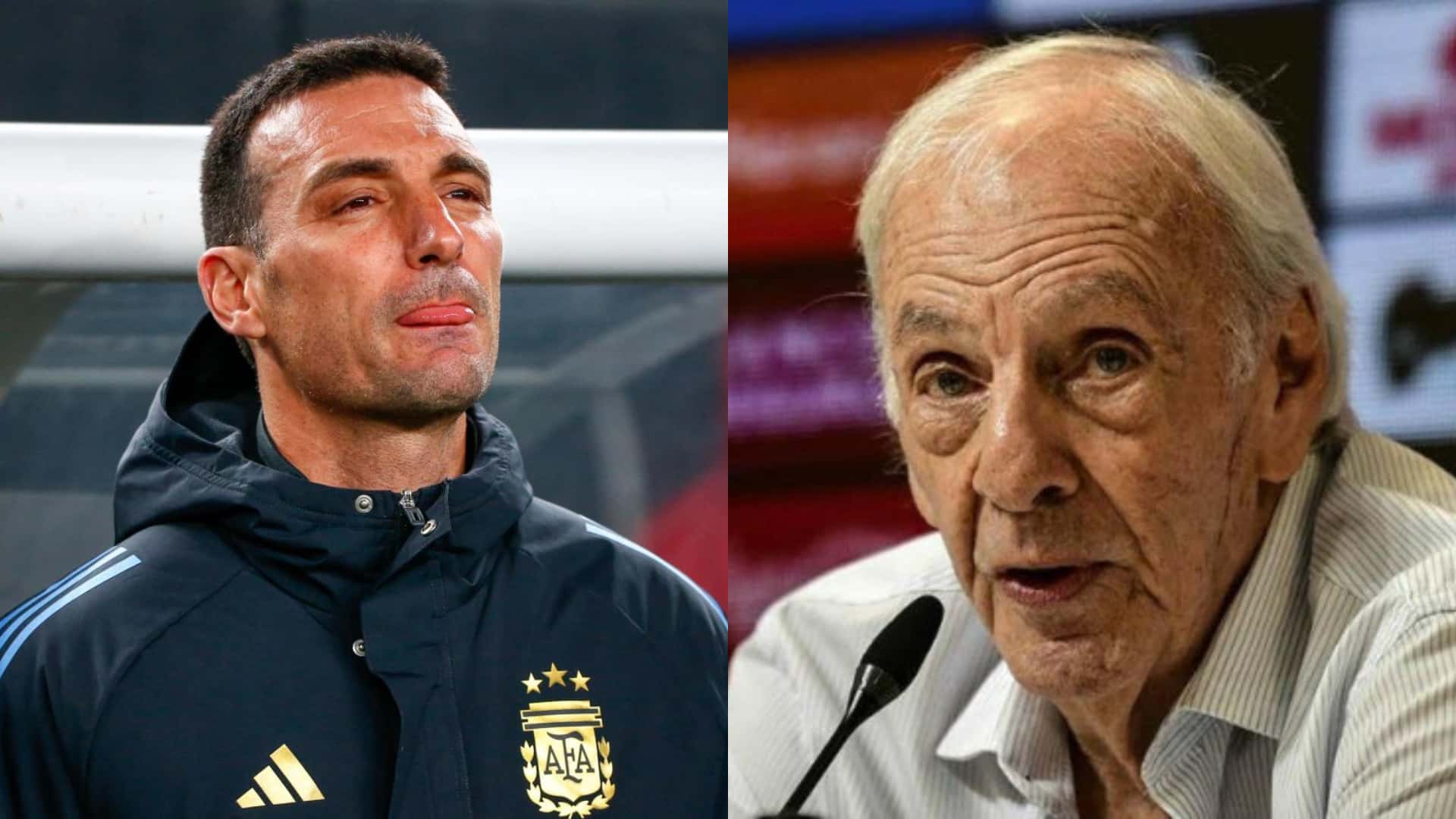 Lionel Scaloni con el camperón de Argentina, y a su derecha Menotti en conferencia de prensa.