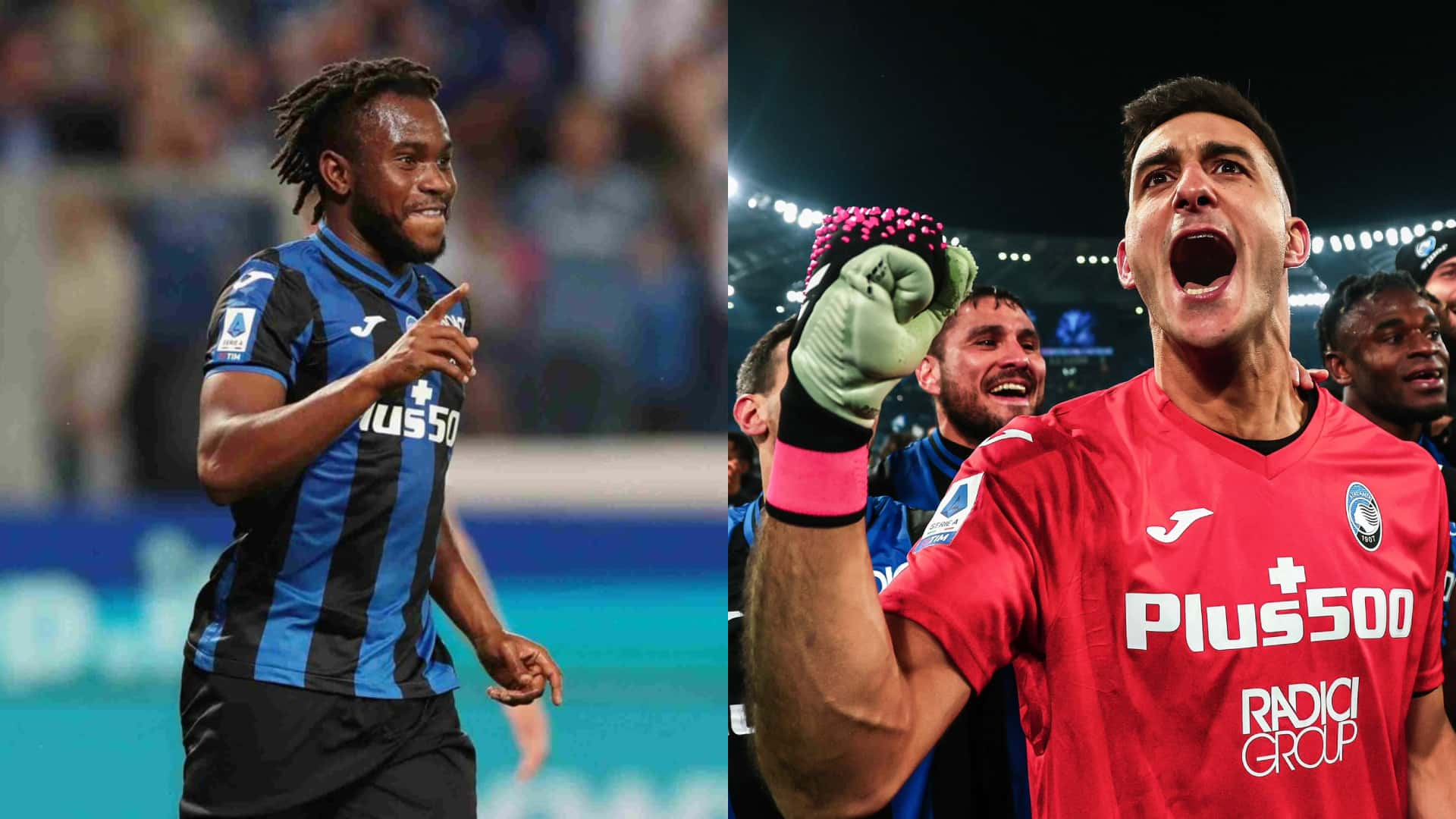 Lookman y Muss con los atuendos del Atalanta.