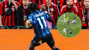 Lookmna festeja uno de sus goles ante los hinchas del Bayer Leverkusen.