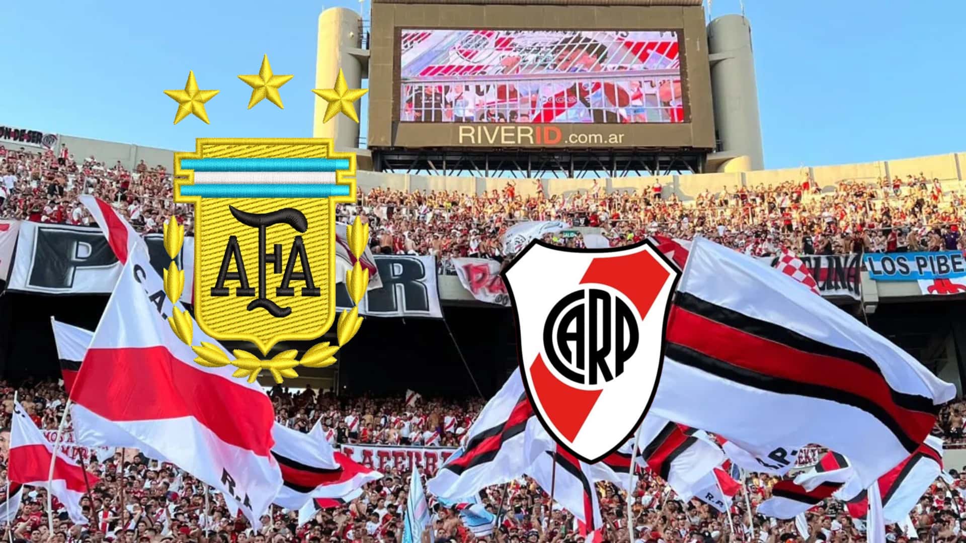 Los escudos de River Plate y Afa con el Monumental de fondo.