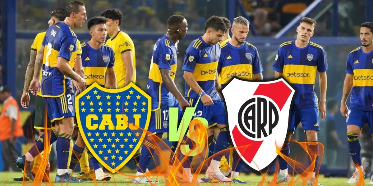 Los jugadores de Boca junto a los escudos del superclásico.