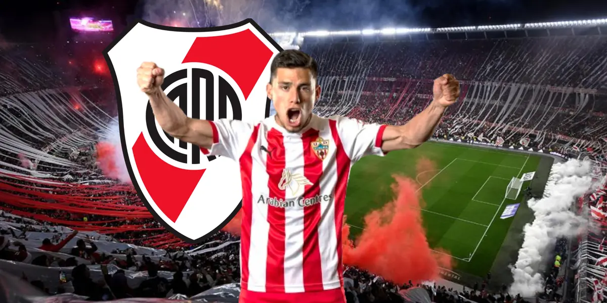 Lucas Robertone con la camiseta del Almería, y detrás el estadio Monumental.