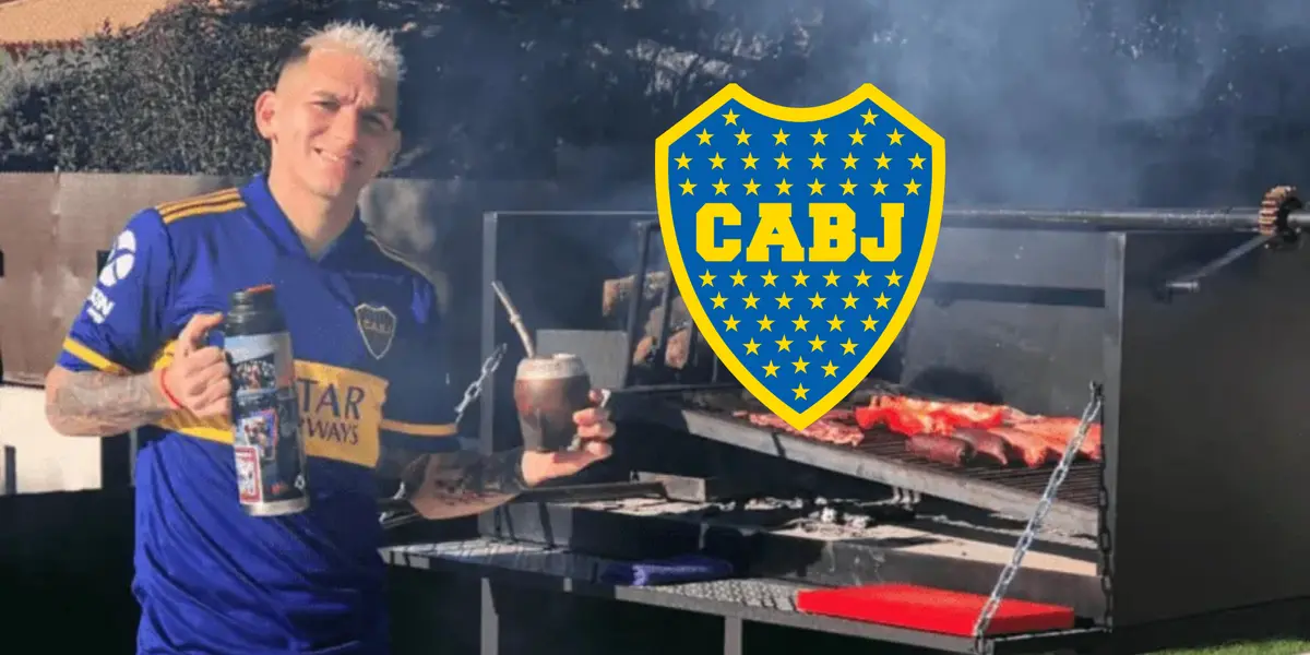 Lucas Torreira hace un asado con la camiseta de Boca.