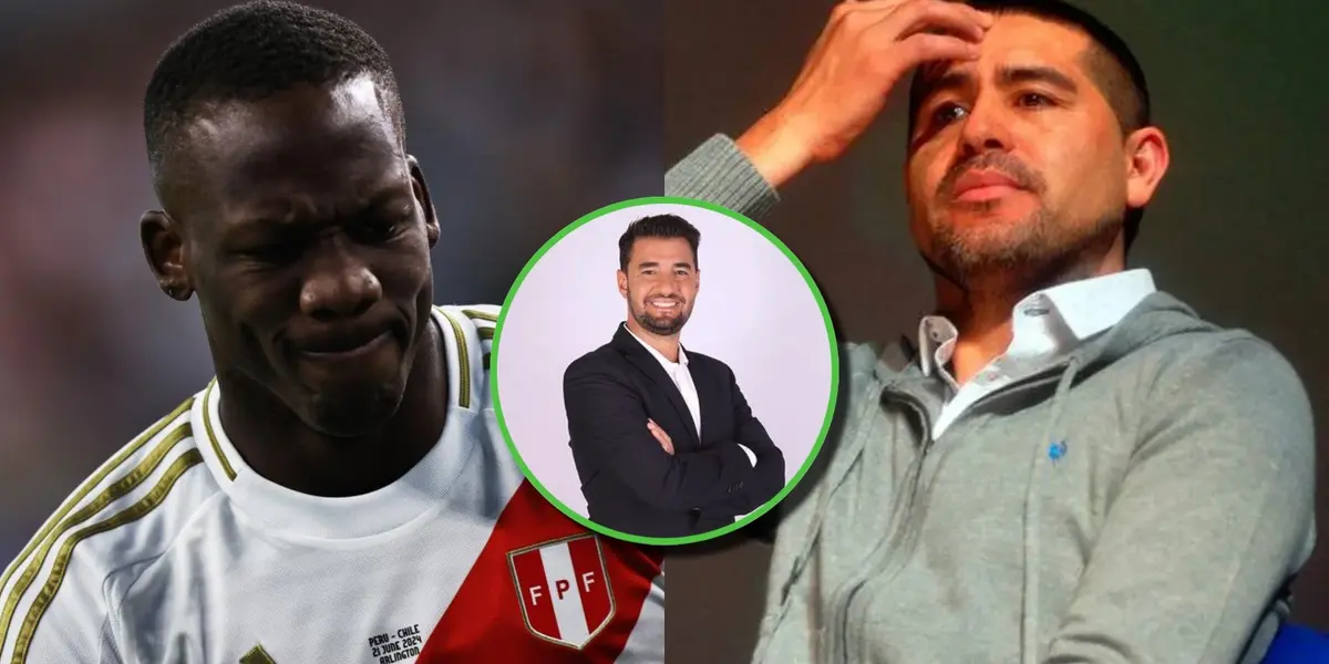 Luis Advíncula con gestos de dolor, y Riqulme se toma la cabeza.