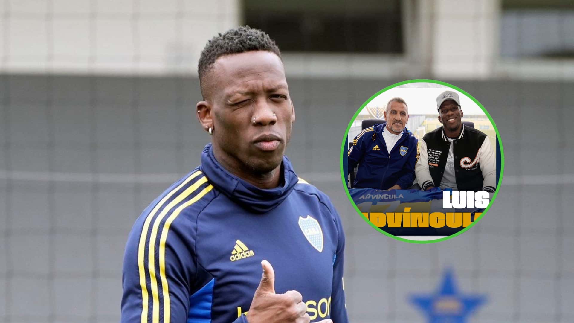 Luis Advíncula guiñando un ojo con la ropa de entrenamiento de Boca.
