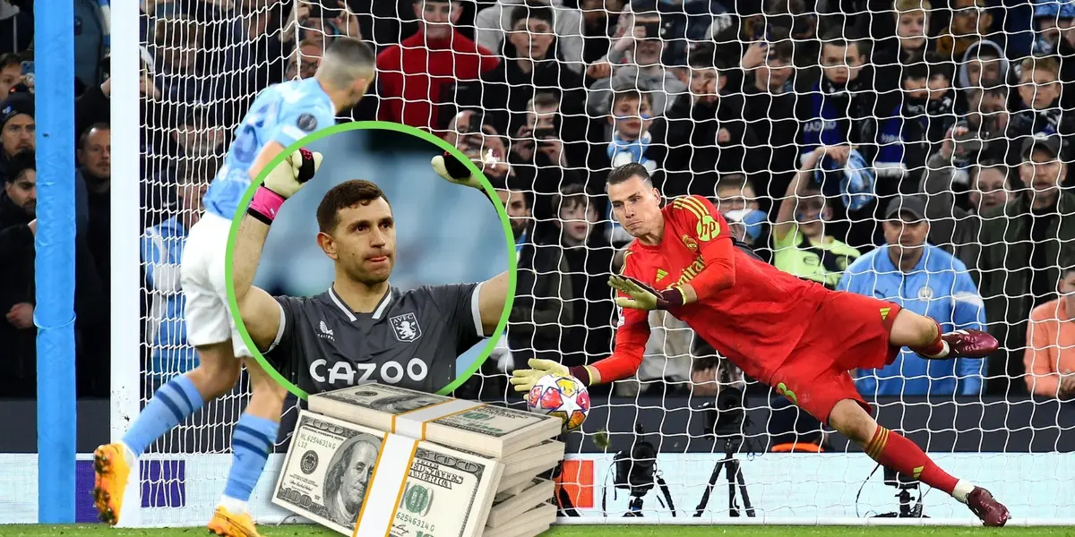 Lunin atajando un penal y Dibu Martínez.