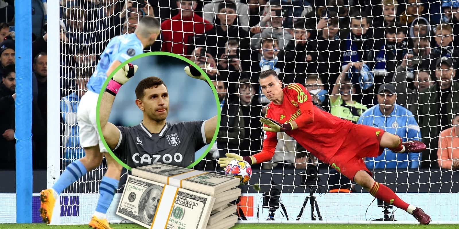 Lunin atajando un penal y Dibu Martínez.