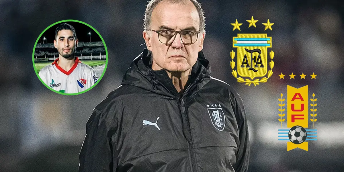 Marcelo Bielsa posando con una campera de la selección uruguaya.