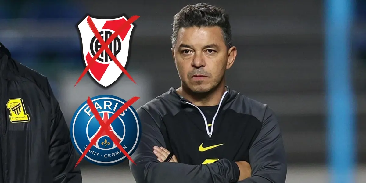 Marcelo Gallardo y los escudos de River y PSG.